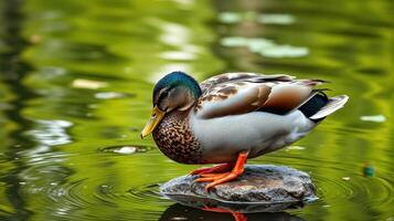 Mallard duck resting on a rock in a tranquil pond surrounded by green foliage photo