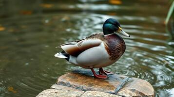 Colorful duck standing on a rock in a serene pond surrounded by lush greenery on a calm day photo