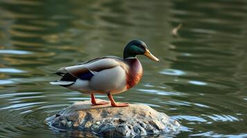 Mallard duck standing on a rock in calm water during daylight hours at a serene nature location photo
