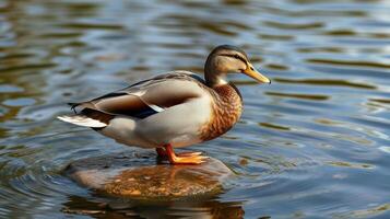 Mallard duck standing on a rock in calm water during a sunny day near a serene natural habitat photo