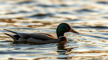 Mallard duck swimming gracefully in shimmering water during golden hour at a serene lake photo