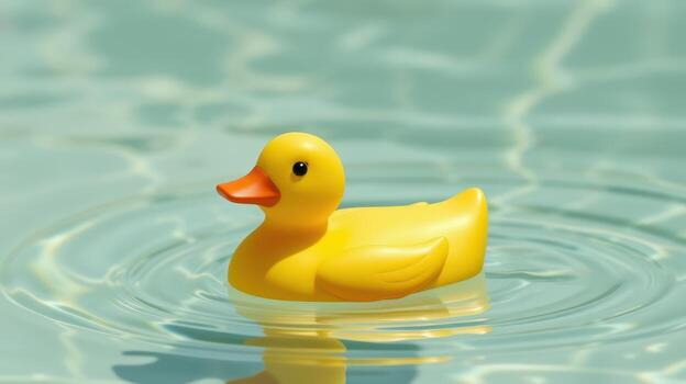 Yellow rubber duck floats serenely in a sunlit swimming pool surrounded by gentle ripples and reflections photo