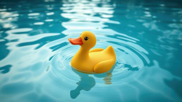 Bright yellow rubber duck floating on calm blue water surface in a tranquil setting photo