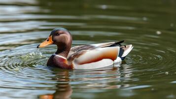 Colorful mallard duck swims gracefully in a serene pond surrounded by gentle ripples and reflections photo
