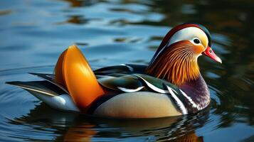 Mandarin duck gracefully swimming in tranquil waters surrounded by nature in the afternoon light photo