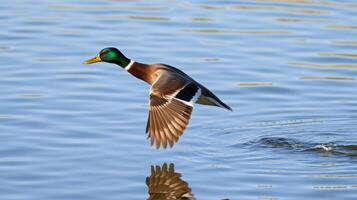 Mallard duck in flight over calm water during golden hour at a serene lake photo