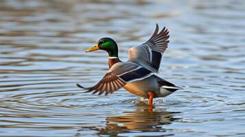 Mallard duck flapping wings while standing in calm water during early morning light photo