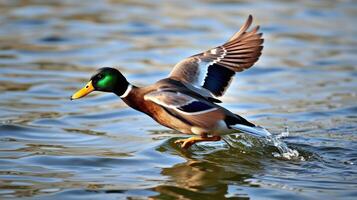Duck taking flight over calm water during daytime at a serene lake setting photo