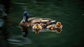 Mother duck swimming with ducklings in calm water during daytime photo