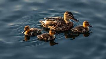 Mother duck swimming with ducklings in a serene blue water setting during golden hour photo