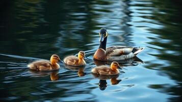 Mother duck swims calmly with her three ducklings across a serene blue lake during a sunny afternoon photo