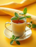Herbal tea served in an elegant cup with fresh mint leaves on a vibrant yellow background photo