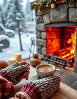 Warm drink enjoyed by a cozy fireplace during a snowy winter day in a rustic cabin photo