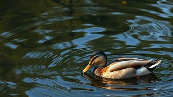 Duck swims gracefully in a serene pond surrounded by natural reflections during a sunny afternoon photo