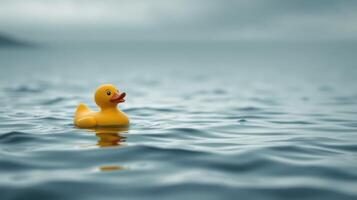 Bright yellow rubber duck floats on tranquil water under a cloudy sky during early morning hours photo