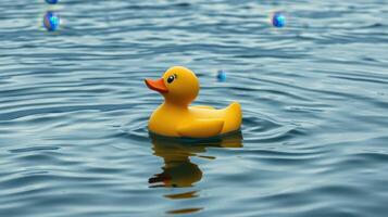 Bright yellow rubber duck floating calmly on a serene lake during daytime with gentle ripples in the water photo