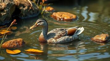 Mallard duck swims gracefully among rocks and leaves in a serene pond during autumn photo