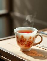 Hot cup of tea in a delicate porcelain cup on a wooden table in a cozy setting during the afternoon photo
