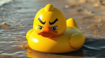 Bright yellow rubber duck floating in shallow water under warm sunlight on a sandy shore photo