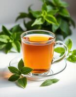Fresh mint tea served in a clear glass cup with green mint leaves in a bright setting photo