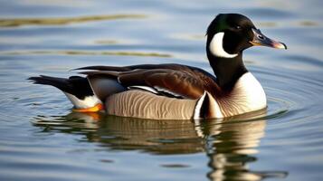 Colorful male duck gliding smoothly across the water in a tranquil natural setting during midday photo
