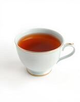 Warm cup of tea with a delicate design served on a plain background in a cozy setting photo