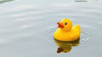 Bright yellow rubber duck floats on calm water in a serene environment during daytime photo