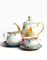 Elegant vintage tea set arranged on a plain background with delicate patterns and floral design in afternoon light photo