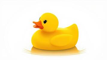 Bright yellow rubber duck floats in calm water, creating a whimsical atmosphere photo