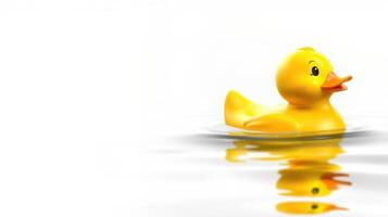 Bright yellow rubber duck floats on calm water reflecting serene surroundings during a peaceful afternoon photo