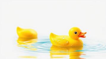 Bright yellow rubber ducks floating in clear water create a cheerful and playful atmosphere in a calm setting photo