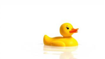 Bright yellow rubber duck floating in calm water showcasing playful charm and simplicity photo