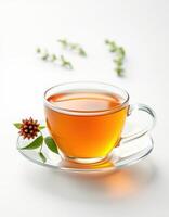 Warm herbal tea served in a clear cup with fresh leaves and a pinecone accent on a white background photo