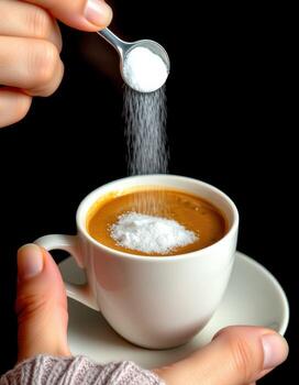 Hands add sugar to a steaming cup of coffee in a cozy setting during winter photo