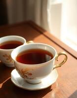 Delicate tea cups filled with rich tea on a wooden table illuminated by soft sunlight photo