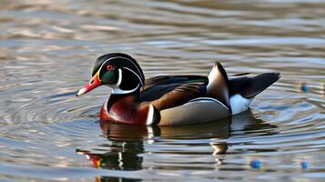 Colorful wood duck swimming gracefully in a serene pond during daylight photo