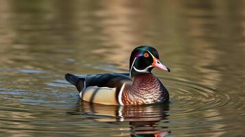Wood duck swimming gracefully in a serene water environment during golden hour light photo