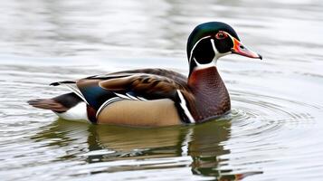 Colorful male wood duck swimming gracefully in serene wetland waters during early morning light photo