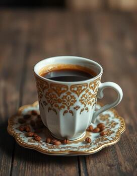 Coffee cup with intricate design on a wooden table surrounded by coffee beans photo