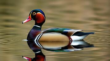 Colorful wood duck swimming gracefully on a calm lake during early morning light photo