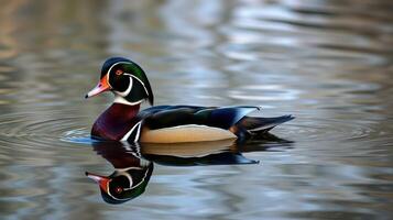 Colorful wood duck swimming peacefully on a calm pond photo
