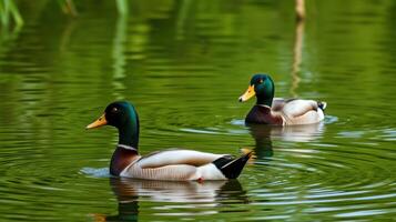 Ducks gliding gracefully on a serene pond surrounded by lush greenery during a sunny day photo