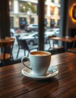 Coffee served in a white cup on a wooden table in a cozy cafe with urban view on a sunny day photo