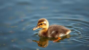 Cute duckling swimming in calm water on a sunny day amidst gentle ripples and reflections photo
