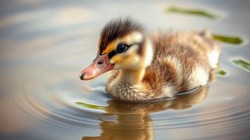 Cute duckling swimming gracefully in calm water during sunny daytime in a natural setting photo