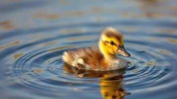 Cute duckling swims peacefully in a tranquil pond surrounded by shimmering water in the golden light of afternoon photo