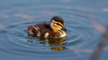 Duckling swimming in a serene pond during the golden hour with rippling water reflections photo
