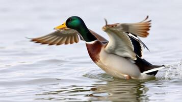 Mallard duck taking flight over calm water in a serene natural setting during daytime photo