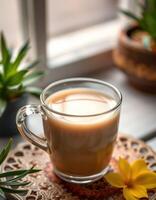 Warm cup of tea resting on a wooden table surrounded by plants in a cozy indoor setting photo