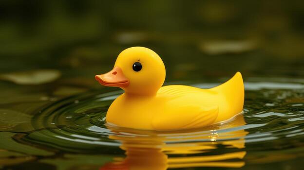 Bright yellow rubber duck floats playfully on calm water creating ripples in a tranquil setting photo